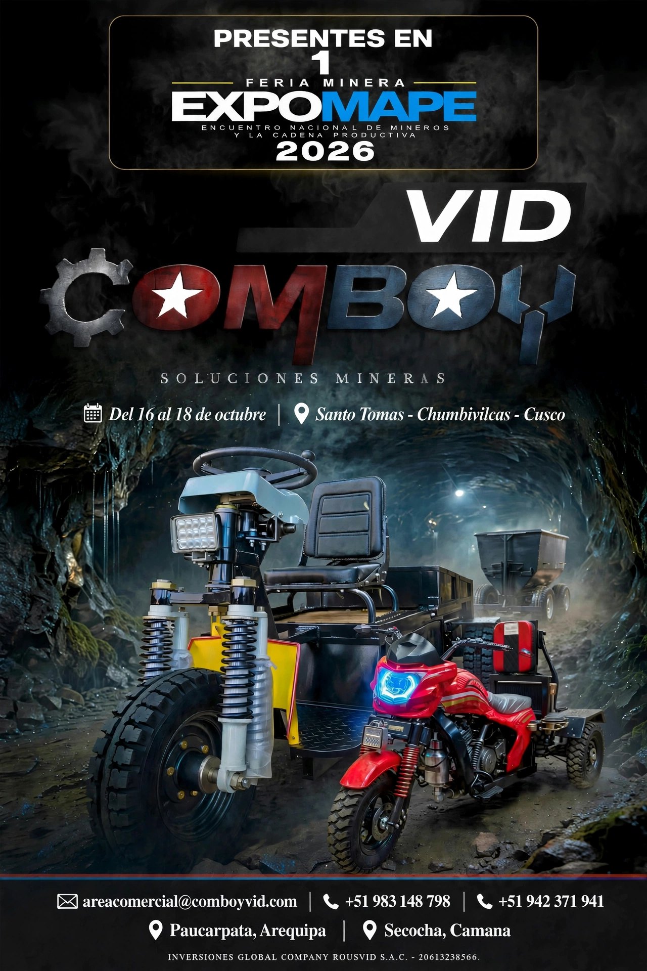 Comboy Vid presente en la 1ª Feria Minera EXPOMAPE 2026, del 16 al 18 de octubre en Santo Tomás, Chumbivilcas, Cusco